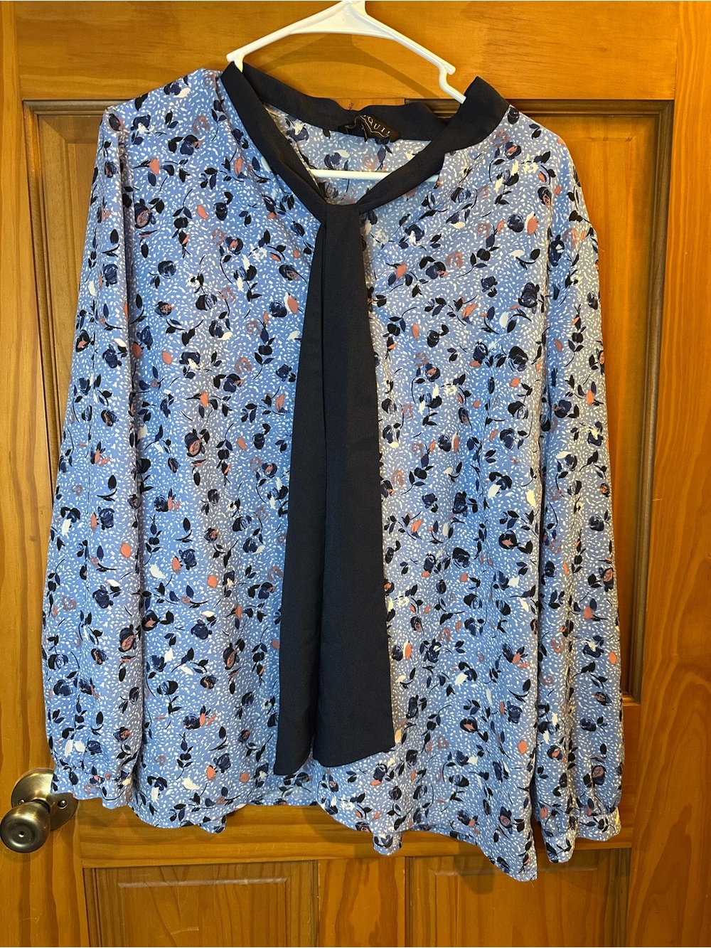 Eloquii Light Blue Floral Blouse with Black Tie